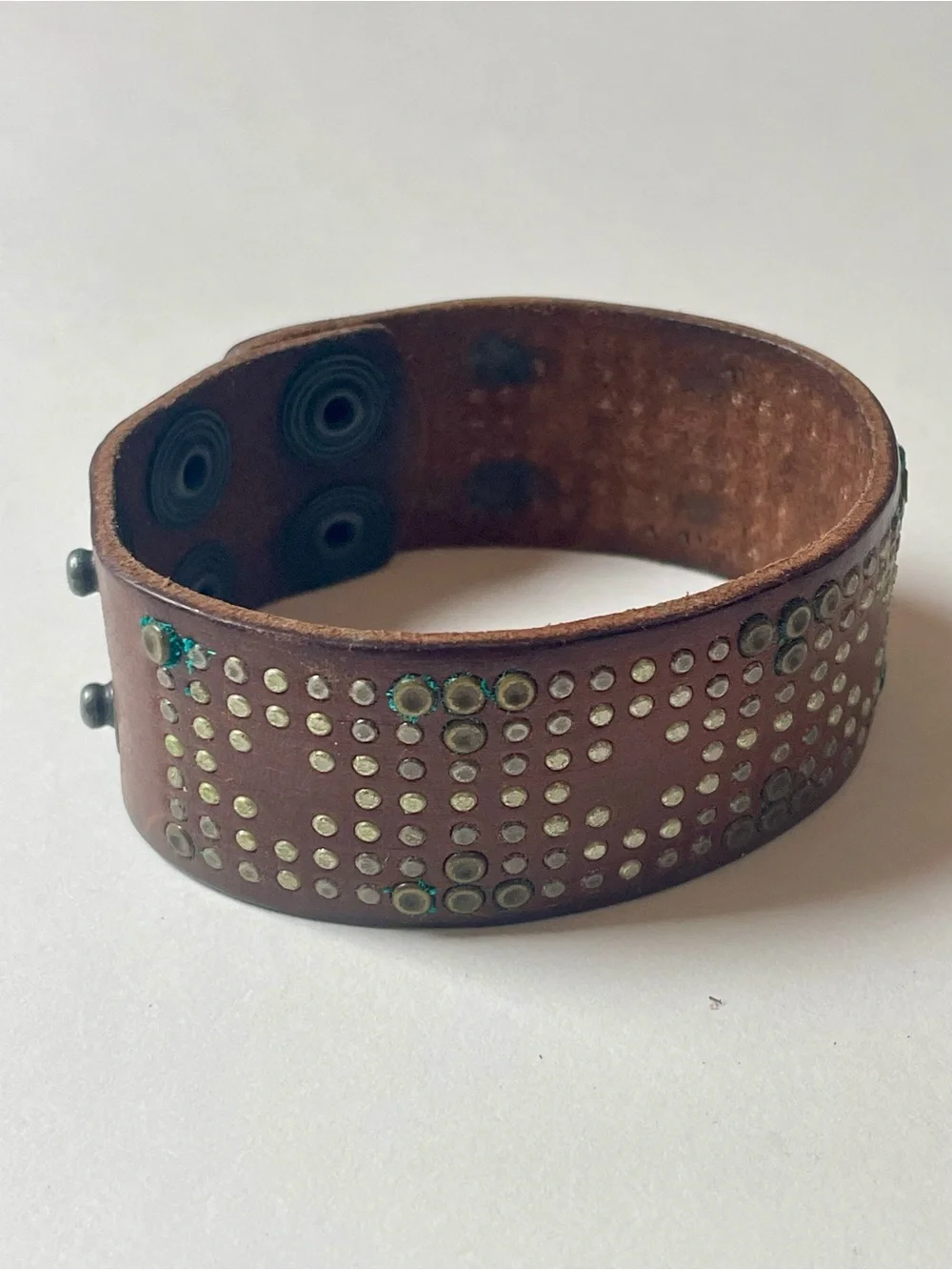 Brown Studded Leather Snap Cuff Bracelet